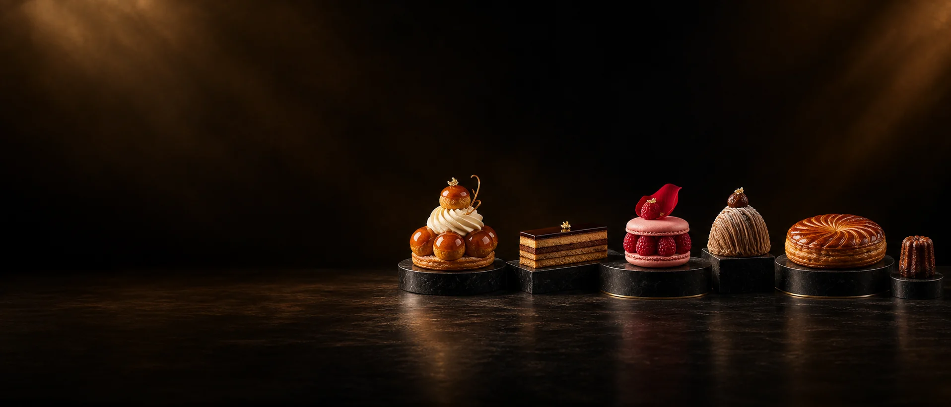 Le Canon Sucré: Saint-Honoré (Сент-Оноре), Gâteau Opéra (Опера), Ispahan Пьера Эрме, Mont-Blanc (Монблан), Galette des Rois (галет де руа), Canelé de Bordeaux (канеле) на тёмных каменных подставках